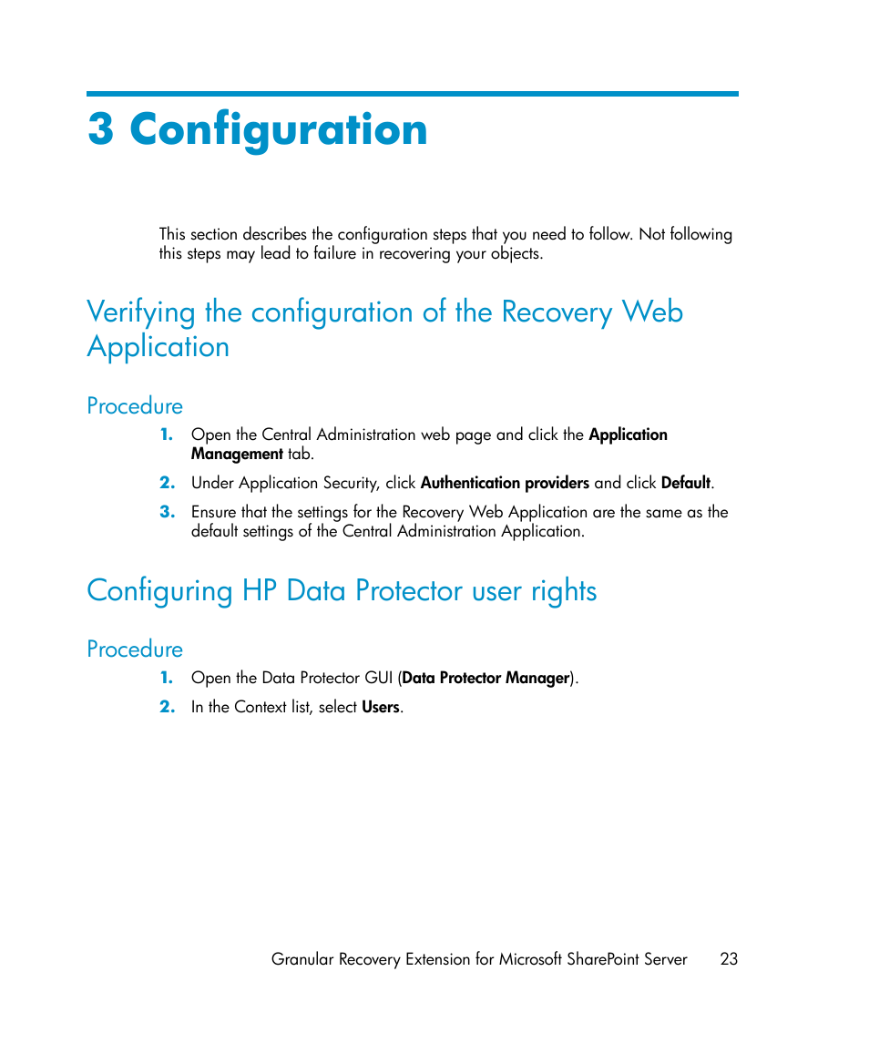 3 configuration, Procedure, Configuring hp data protector user rights | HP Data Protector V6.1x Software User Manual | Page 23 / 82