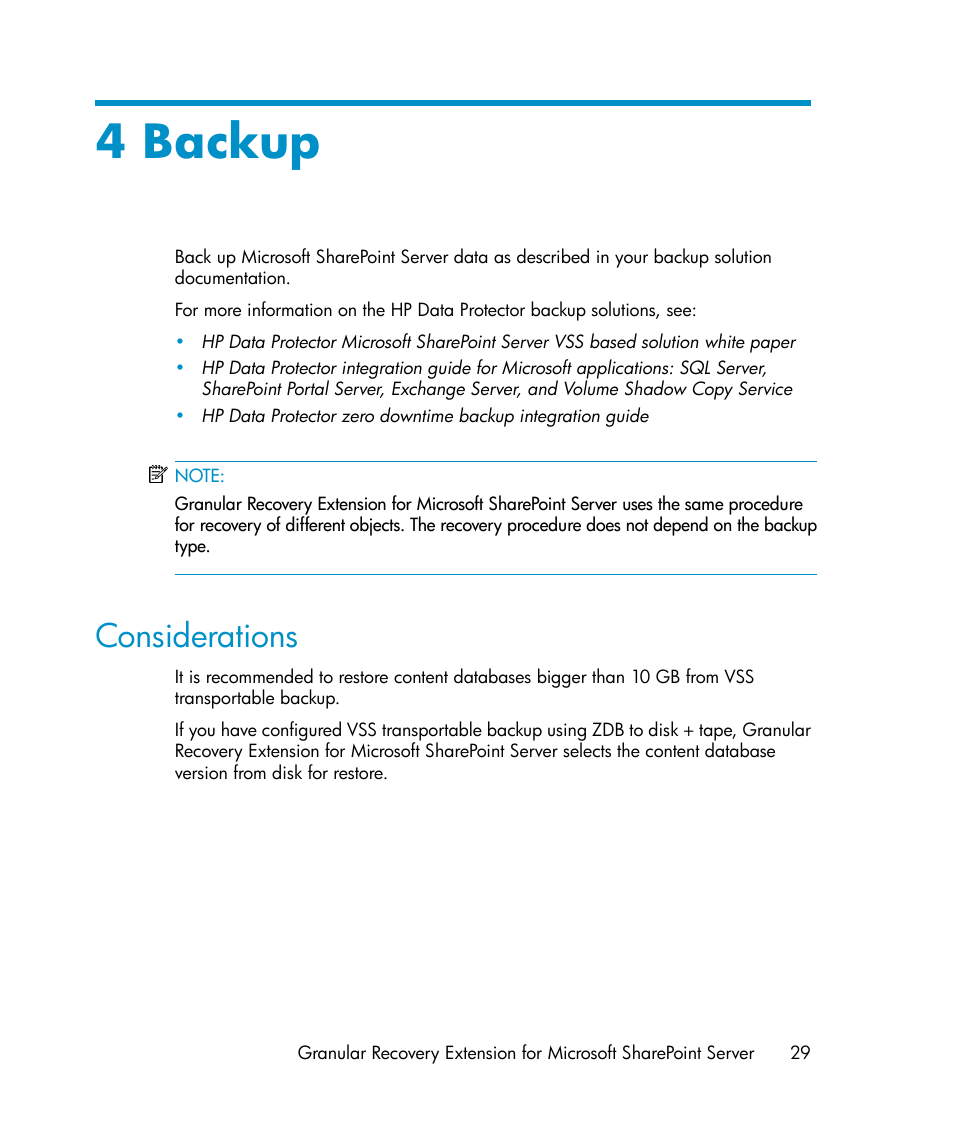 4 backup, Considerations | HP Data Protector V6.1x Software User Manual | Page 29 / 82