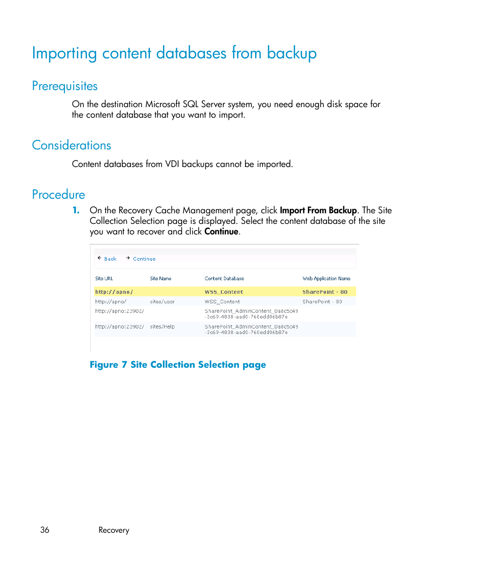 Importing content databases from backup, Prerequisites, Considerations | Procedure, 36 considerations, 36 procedure, Importing content, Databases from backup | HP Data Protector V6.1x Software User Manual | Page 36 / 82
