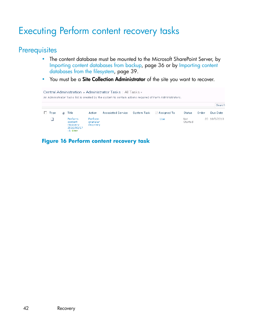 Executing perform content recovery tasks, Prerequisites, Perform content recovery task | Executing perform, Content recovery tasks | HP Data Protector V6.1x Software User Manual | Page 42 / 82