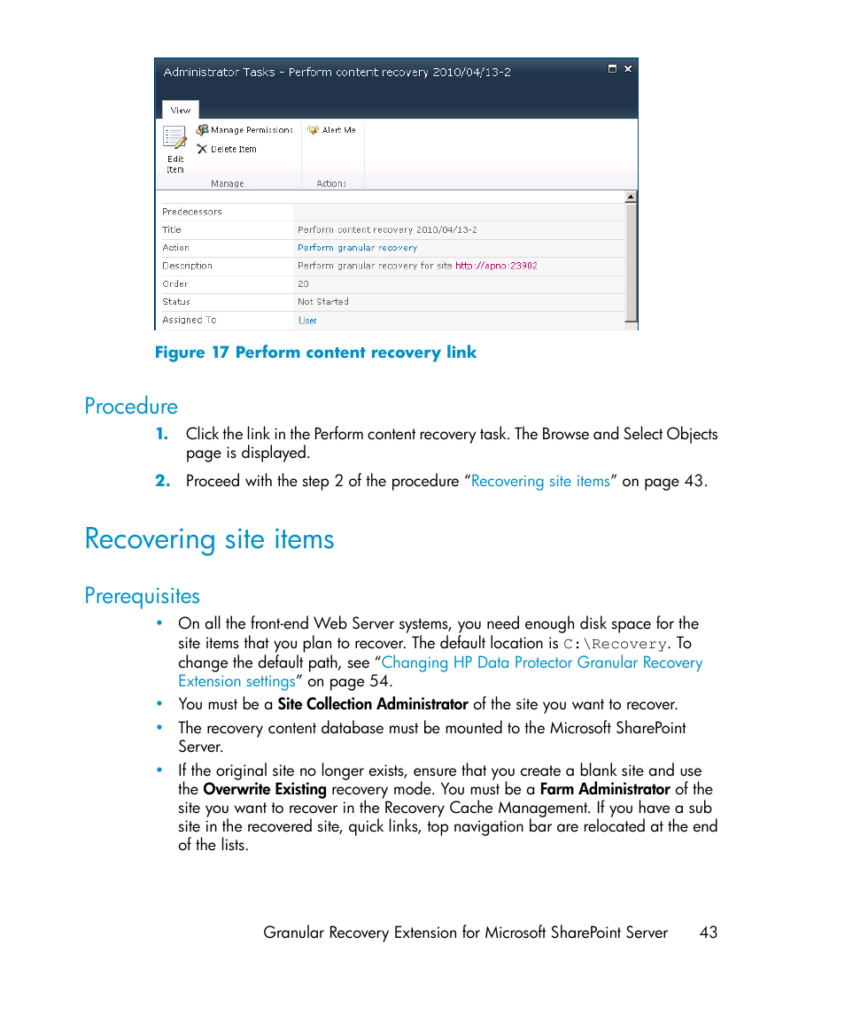 Procedure, Recovering site items, Prerequisites | Perform content recovery link, Recovering site, Items | HP Data Protector V6.1x Software User Manual | Page 43 / 82