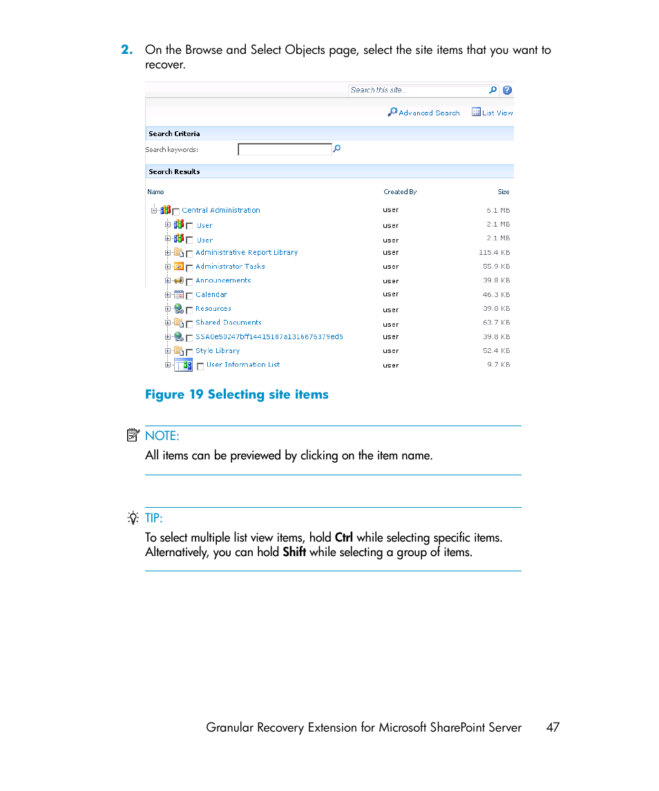 Selecting site items | HP Data Protector V6.1x Software User Manual | Page 47 / 82