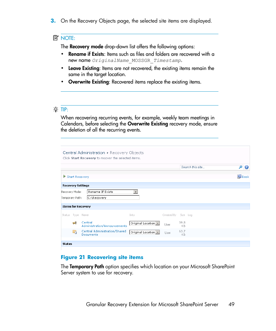 Recovering site items | HP Data Protector V6.1x Software User Manual | Page 49 / 82