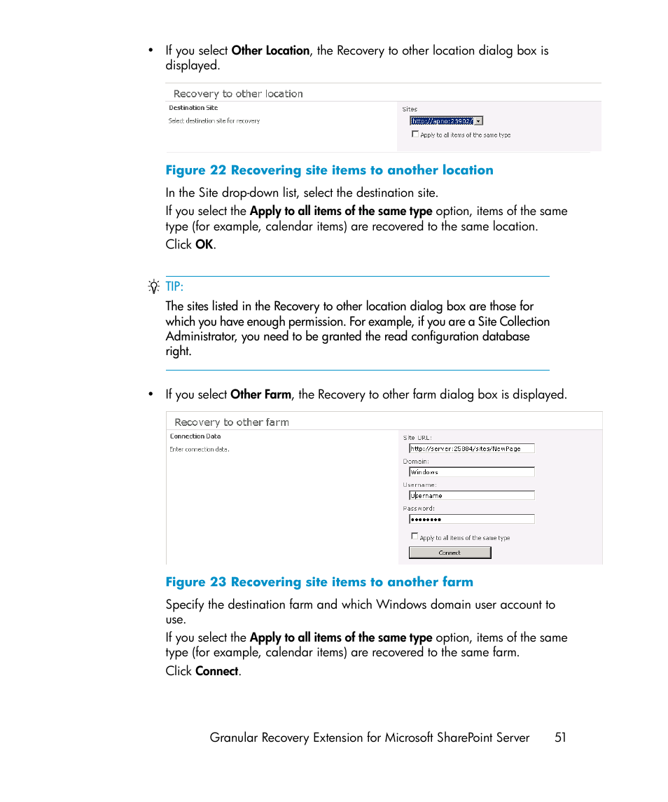 Recovering site items to another location, Recovering site items to another farm | HP Data Protector V6.1x Software User Manual | Page 51 / 82
