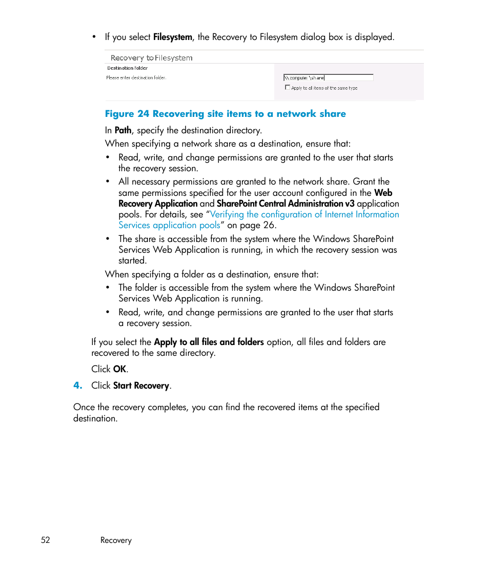 Recovering site items to a network share | HP Data Protector V6.1x Software User Manual | Page 52 / 82