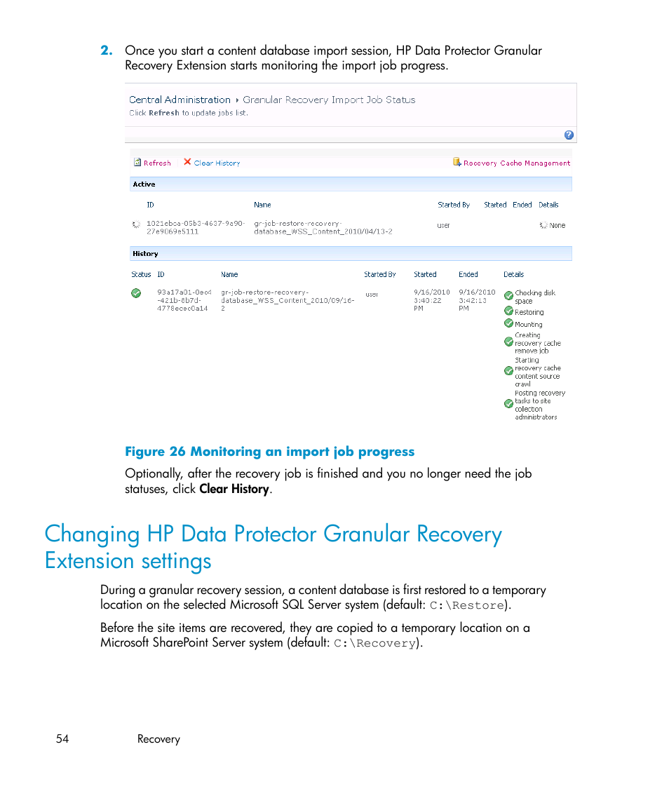 Monitoring an import job progress, Changing hp data protector granular recovery, Extension settings | HP Data Protector V6.1x Software User Manual | Page 54 / 82