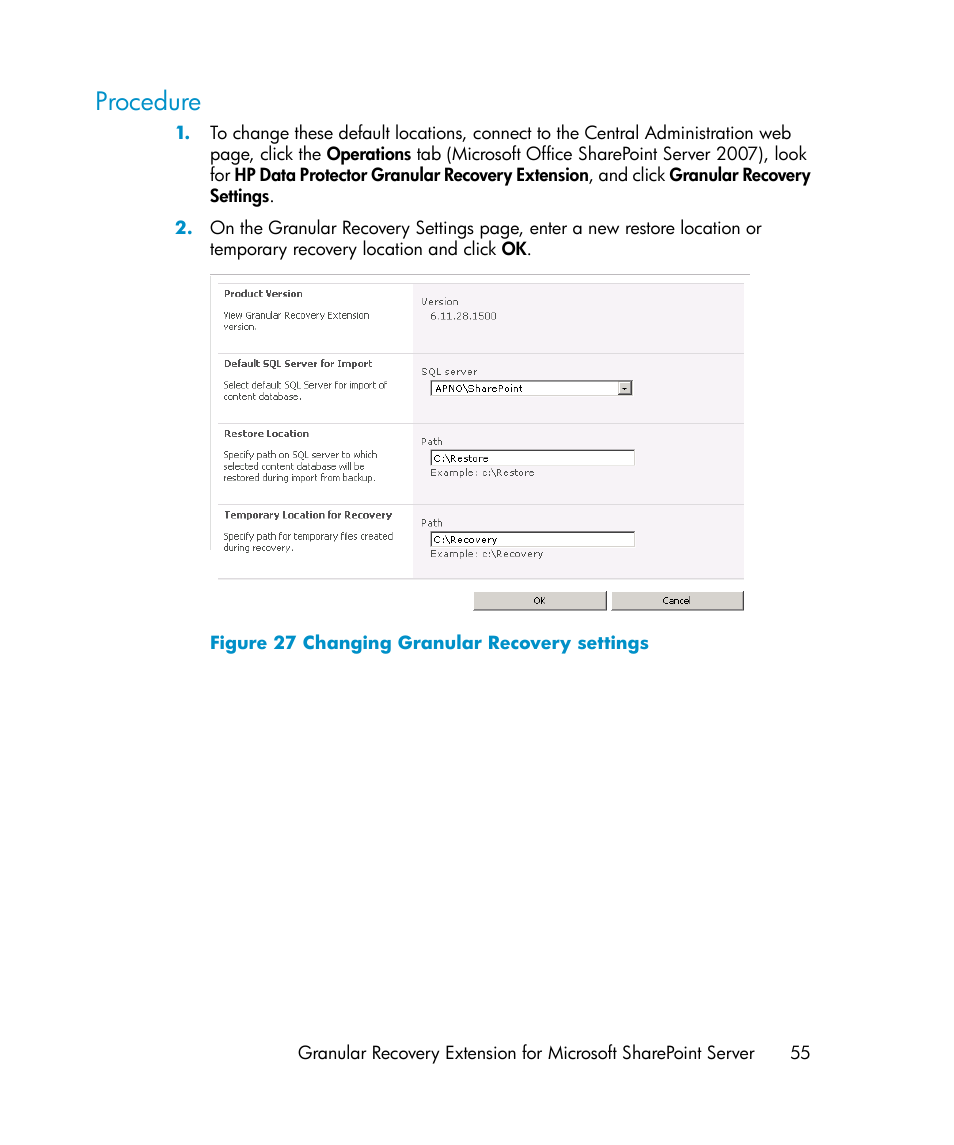 Procedure, Changing granular recovery settings | HP Data Protector V6.1x Software User Manual | Page 55 / 82