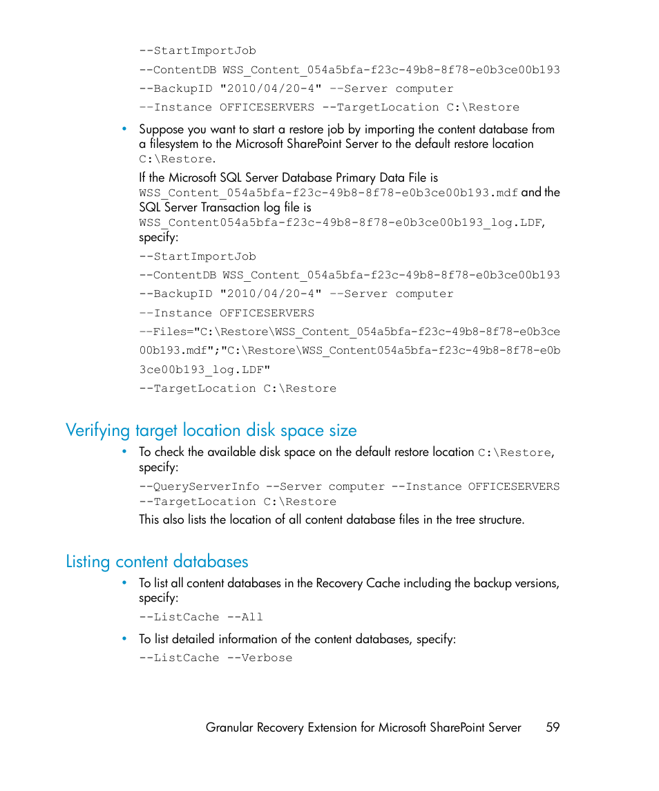 Verifying target location disk space size, Listing content databases, 59 listing content databases | HP Data Protector V6.1x Software User Manual | Page 59 / 82