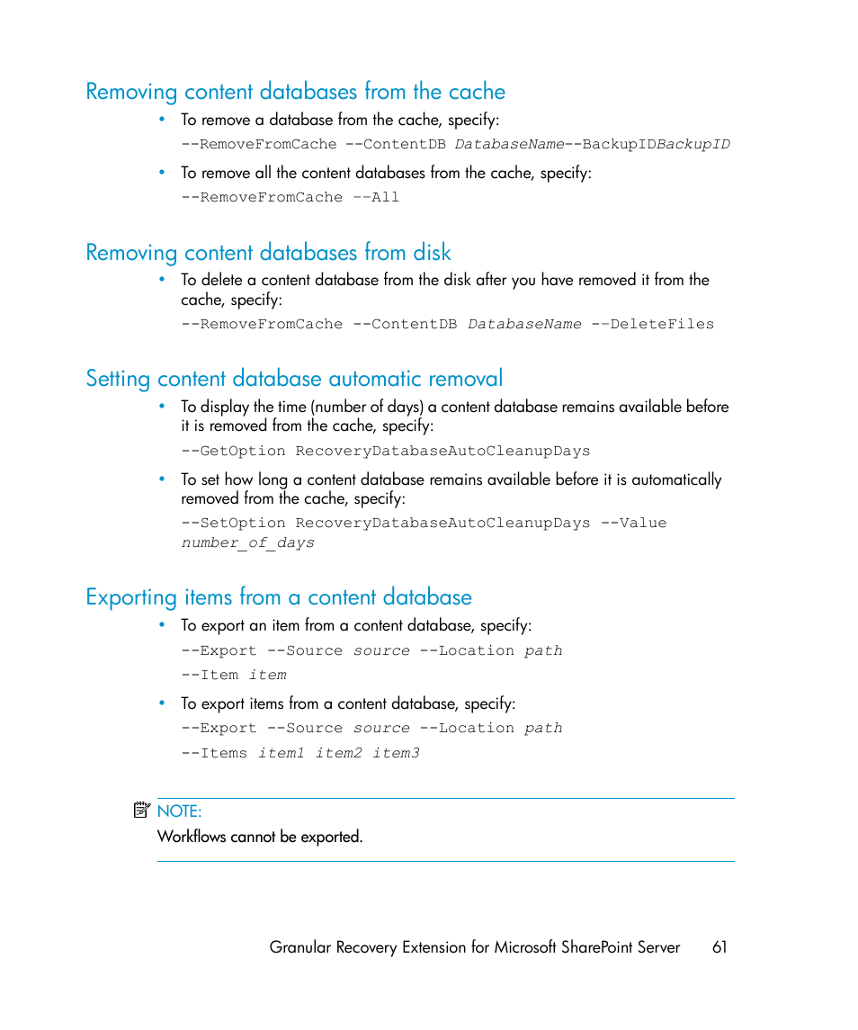 Removing content databases from the cache, Removing content databases from disk, Setting content database automatic removal | Exporting items from a content database, 61 removing content databases from disk, 61 setting content database automatic removal, 61 exporting items from a content database | HP Data Protector V6.1x Software User Manual | Page 61 / 82