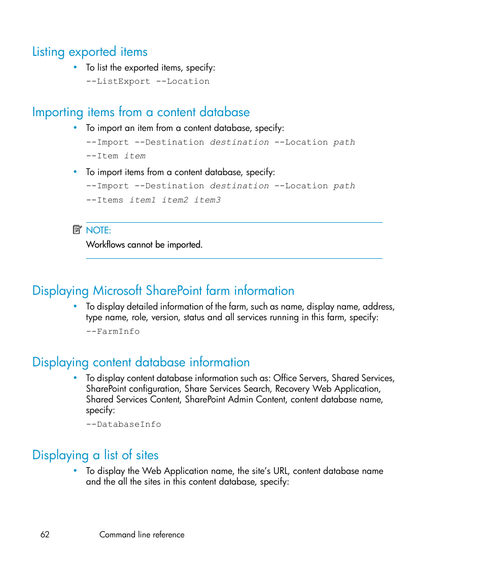 Listing exported items, Importing items from a content database, Displaying microsoft sharepoint farm information | Displaying content database information, Displaying a list of sites, 62 importing items from a content database, 62 displaying content database information, 62 displaying a list of sites | HP Data Protector V6.1x Software User Manual | Page 62 / 82