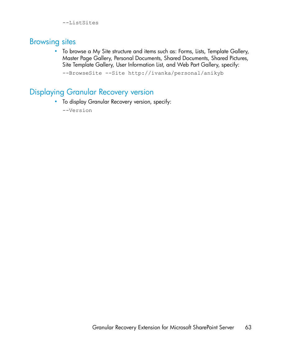 Browsing sites, Displaying granular recovery version, 63 displaying granular recovery version | HP Data Protector V6.1x Software User Manual | Page 63 / 82