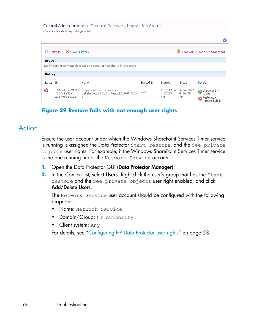 Action, Restore fails with not enough user rights | HP Data Protector V6.1x Software User Manual | Page 66 / 82