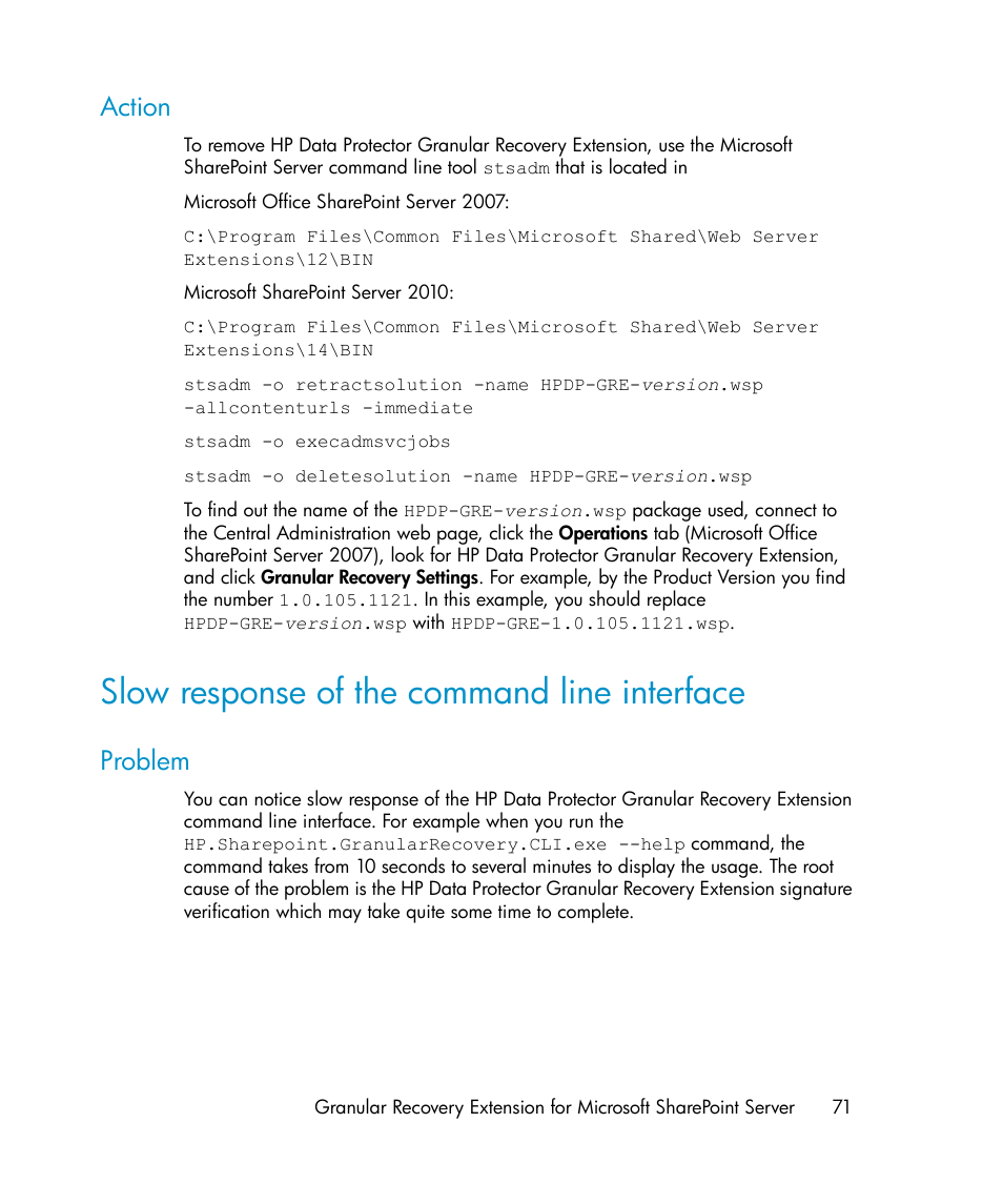 Action, Slow response of the command line interface, Problem | HP Data Protector V6.1x Software User Manual | Page 71 / 82