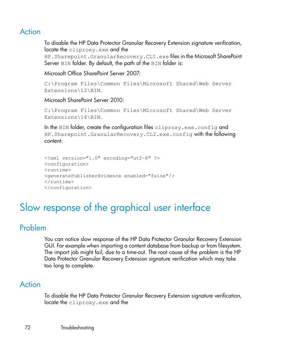 Action, Slow response of the graphical user interface, Problem | 72 action | HP Data Protector V6.1x Software User Manual | Page 72 / 82