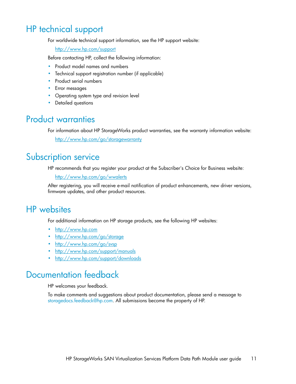 Hp technical support, Product warranties, Subscription service | Hp websites, Documentation feedback, 11 product warranties, 11 subscription service, 11 hp websites, 11 documentation feedback | HP SAN Virtualization Services Platform User Manual | Page 11 / 92