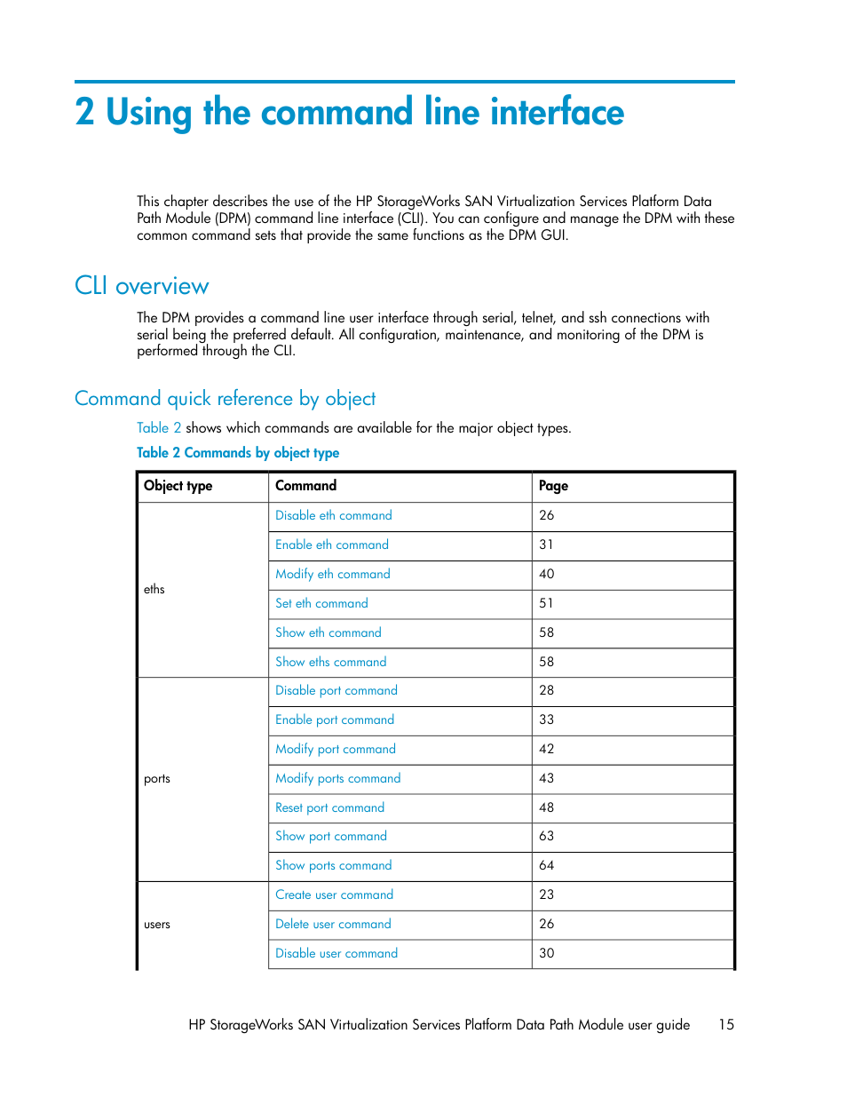 2 using the command line interface, Cli overview, Command quick reference by object | Commands by object type | HP SAN Virtualization Services Platform User Manual | Page 15 / 92