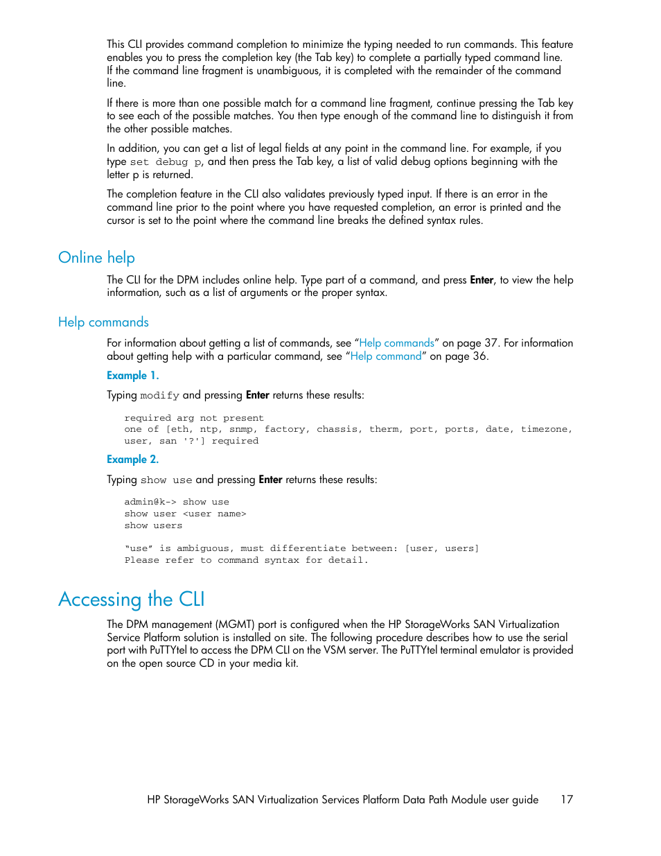 Online help, Accessing the cli | HP SAN Virtualization Services Platform User Manual | Page 17 / 92