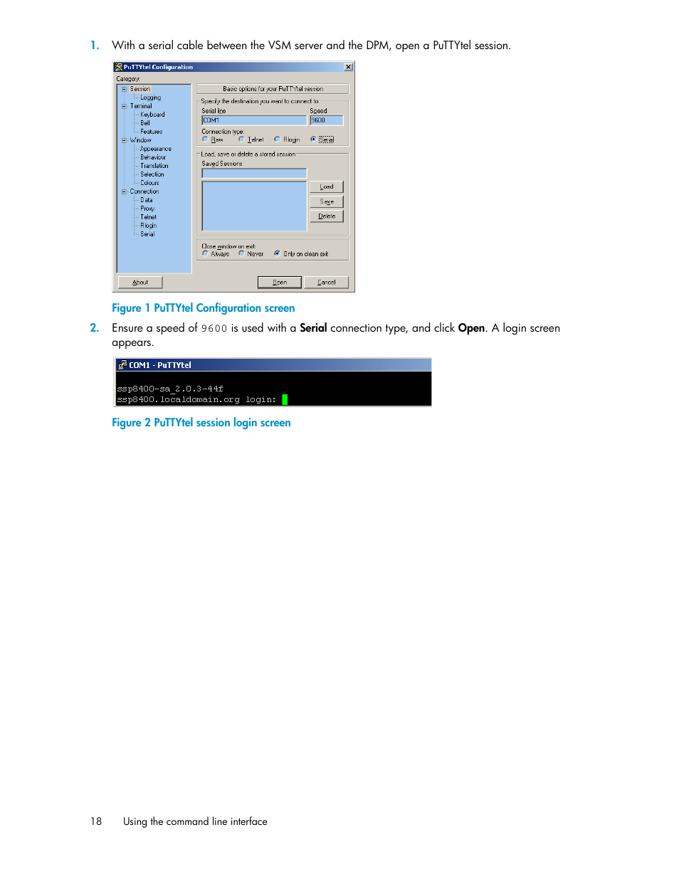 Puttytel configuration screen, Puttytel session login screen | HP SAN Virtualization Services Platform User Manual | Page 18 / 92