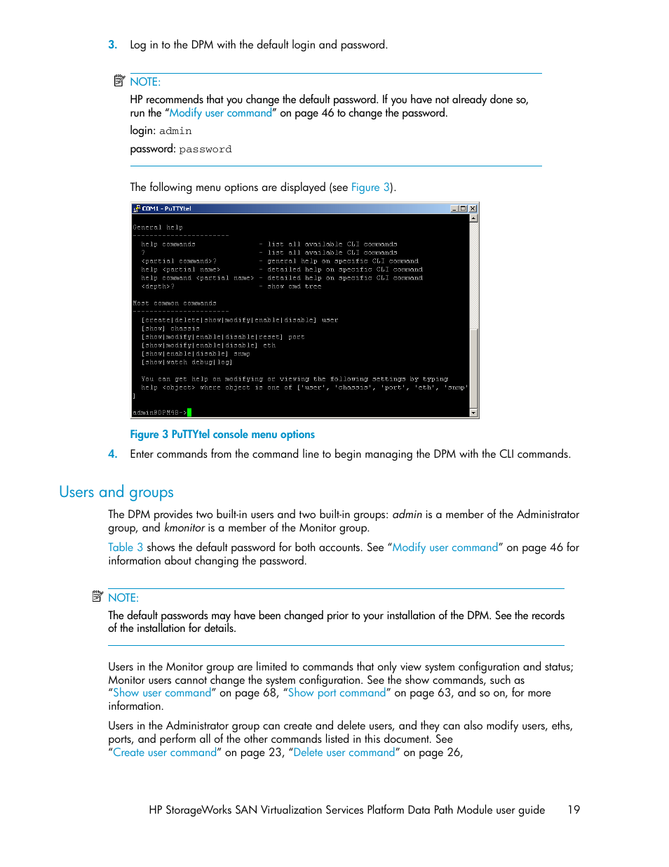 Users and groups, Puttytel console menu options | HP SAN Virtualization Services Platform User Manual | Page 19 / 92