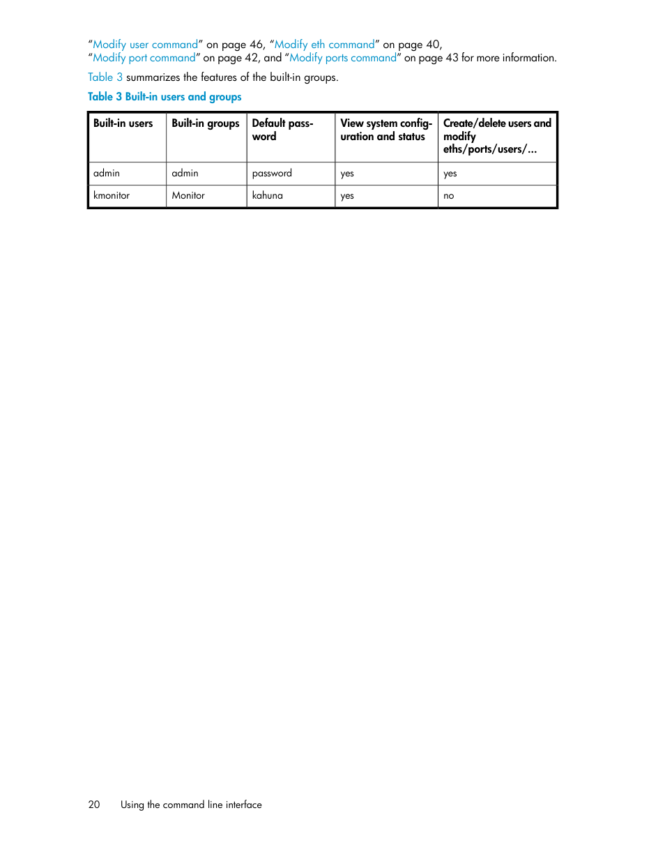 Built-in users and groups, Table 3 | HP SAN Virtualization Services Platform User Manual | Page 20 / 92