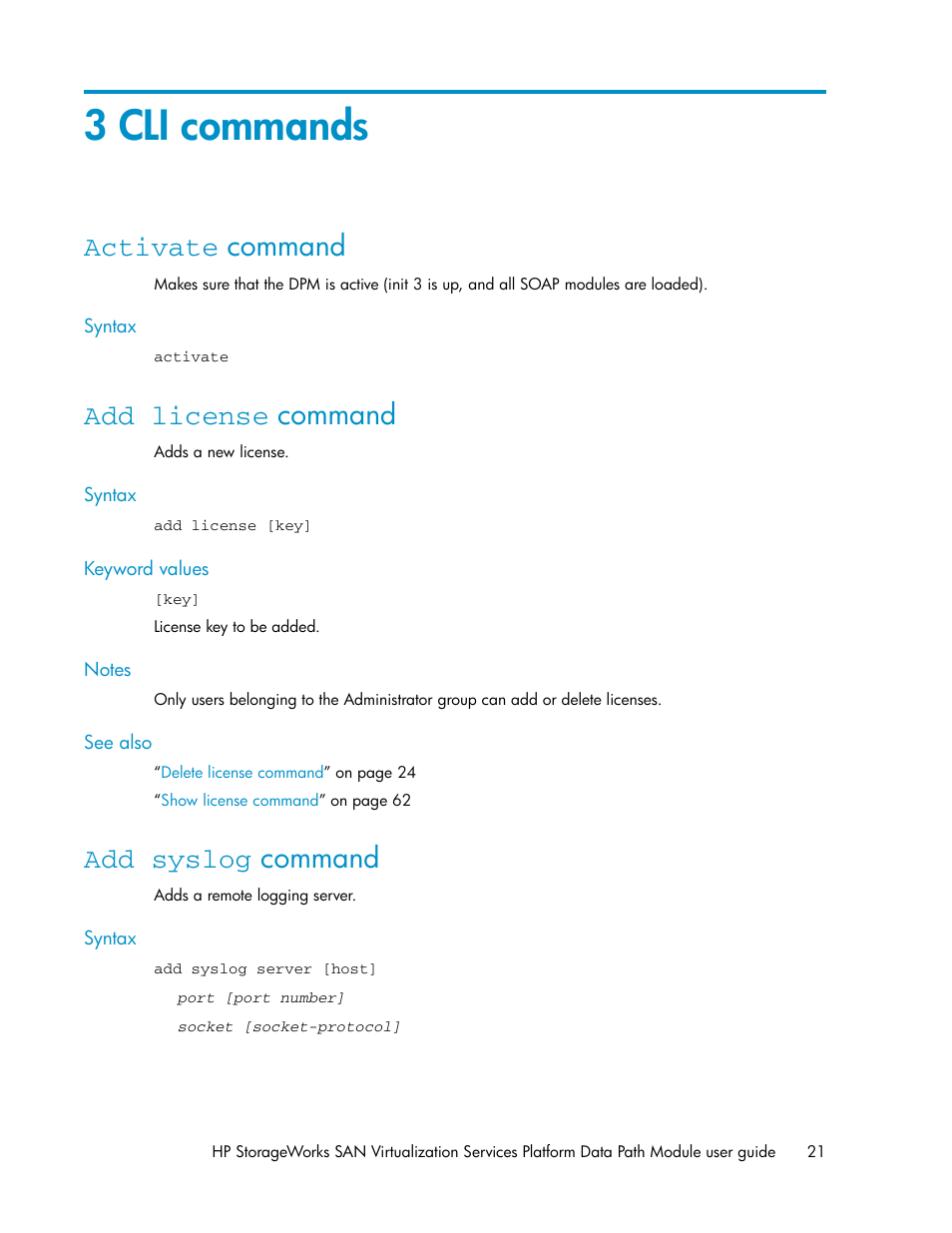 3 cli commands, Activate command, Add license command | Add syslog command, 21 add license command, 21 add syslog command | HP SAN Virtualization Services Platform User Manual | Page 21 / 92