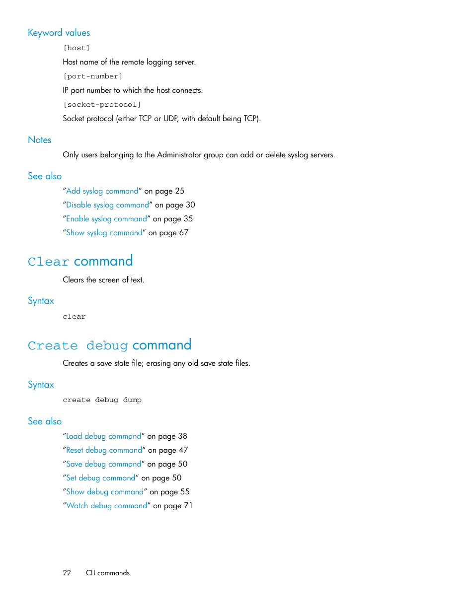 Clear command, Create debug command, 22 create debug command | HP SAN Virtualization Services Platform User Manual | Page 22 / 92