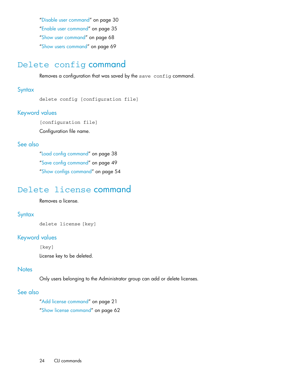 Delete config command, Delete license command, 24 delete license command | HP SAN Virtualization Services Platform User Manual | Page 24 / 92
