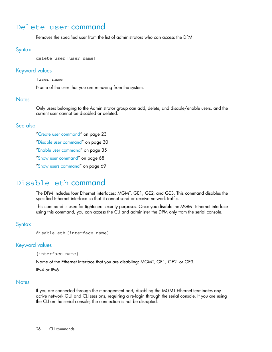 Delete user command, Disable eth command, 26 disable eth command | HP SAN Virtualization Services Platform User Manual | Page 26 / 92