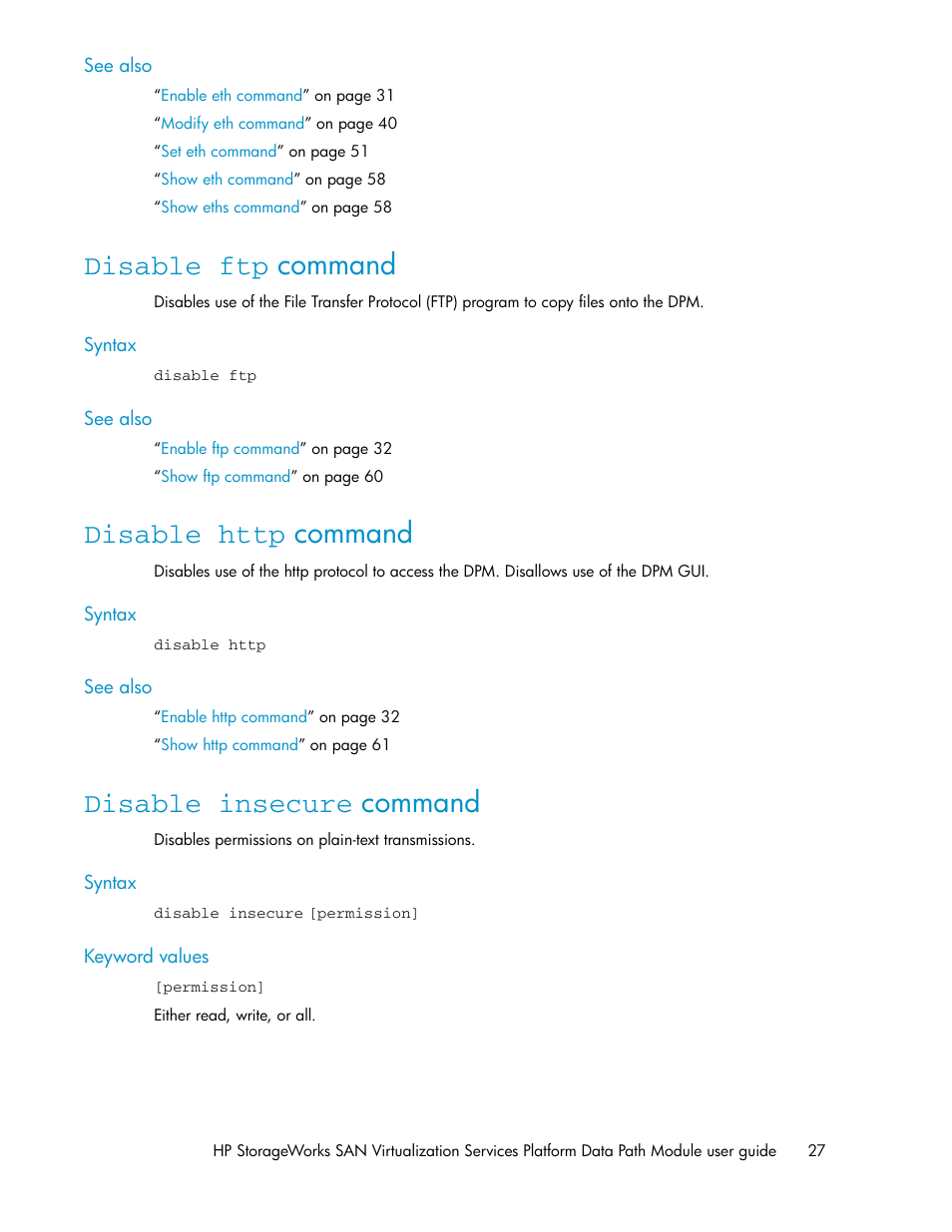 Disable ftp command, Disable http command, Disable insecure command | 27 disable http command, 27 disable insecure command | HP SAN Virtualization Services Platform User Manual | Page 27 / 92