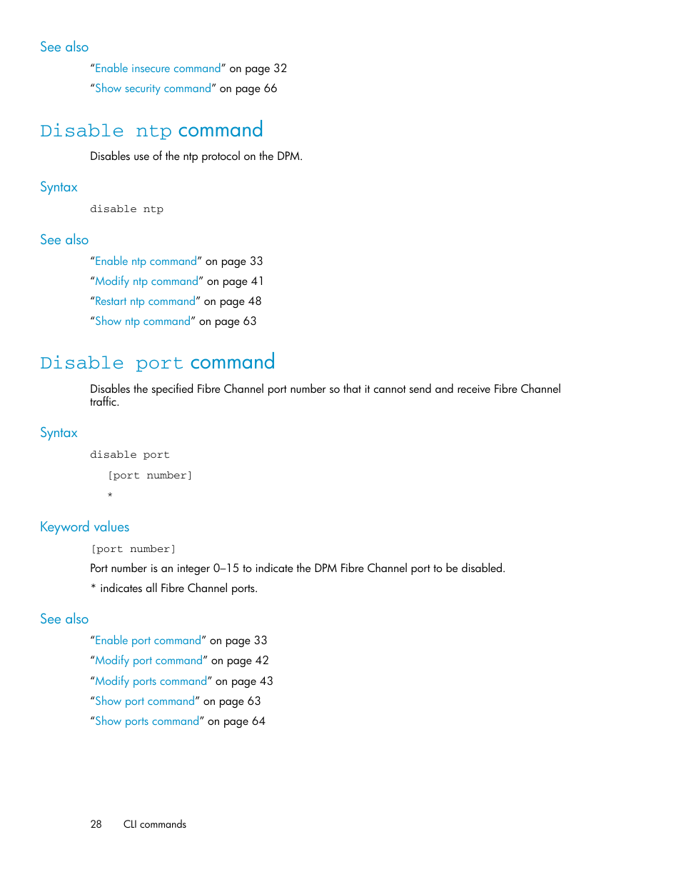 Disable ntp command, Disable port command, 28 disable port command | HP SAN Virtualization Services Platform User Manual | Page 28 / 92