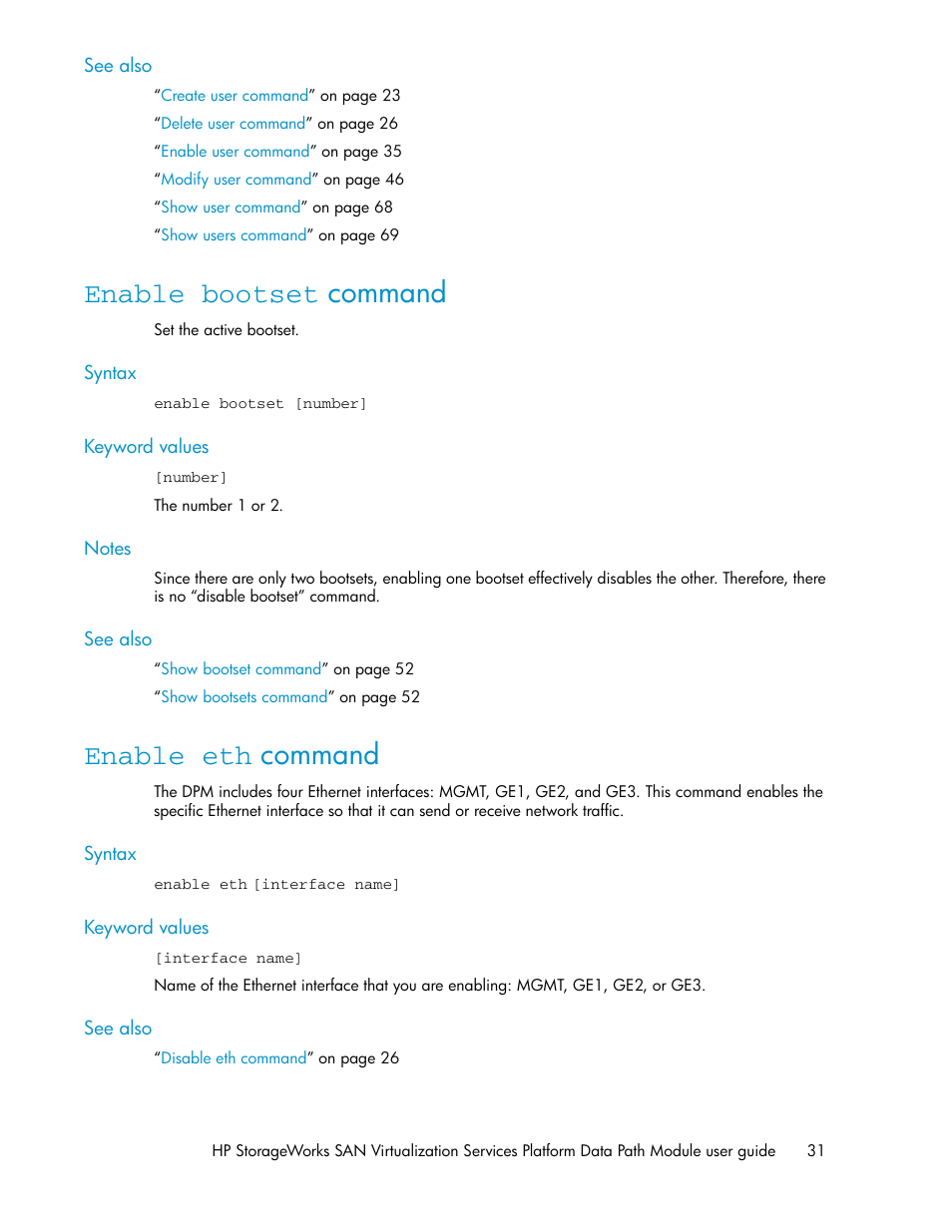 Enable bootset command, Enable eth command, 31 enable eth command | HP SAN Virtualization Services Platform User Manual | Page 31 / 92