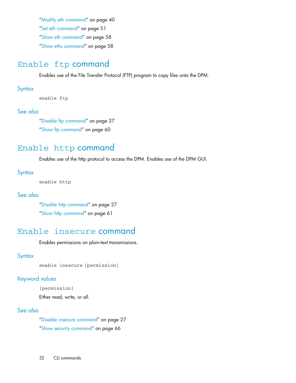 Enable ftp command, Enable http command, Enable insecure command | 32 enable http command, 32 enable insecure command | HP SAN Virtualization Services Platform User Manual | Page 32 / 92
