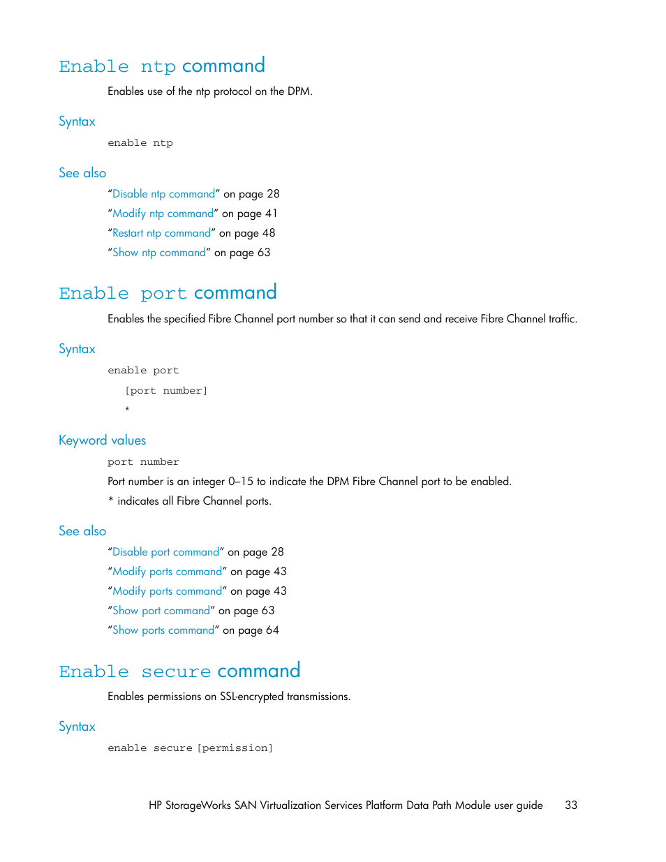 Enable ntp command, Enable port command, Enable secure command | 33 enable port command, 33 enable secure command | HP SAN Virtualization Services Platform User Manual | Page 33 / 92