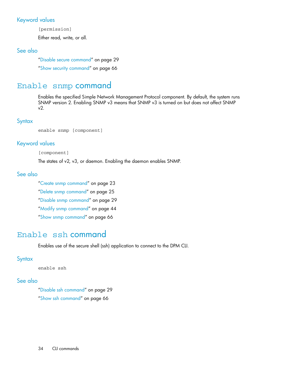 Enable snmp command, Enable ssh command, 34 enable ssh command | HP SAN Virtualization Services Platform User Manual | Page 34 / 92