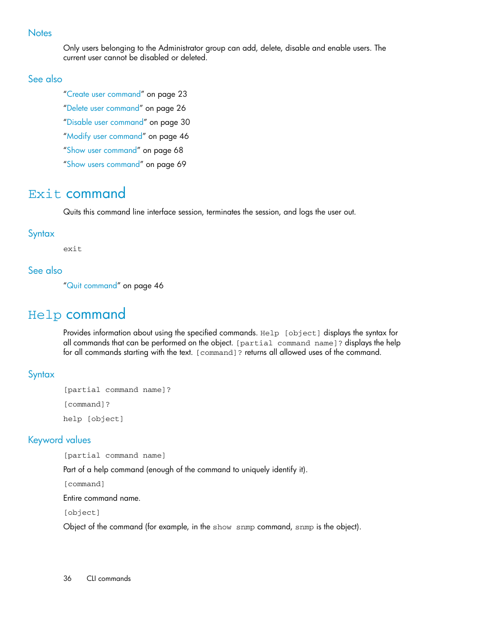 Exit command, Help command, 36 help command | HP SAN Virtualization Services Platform User Manual | Page 36 / 92
