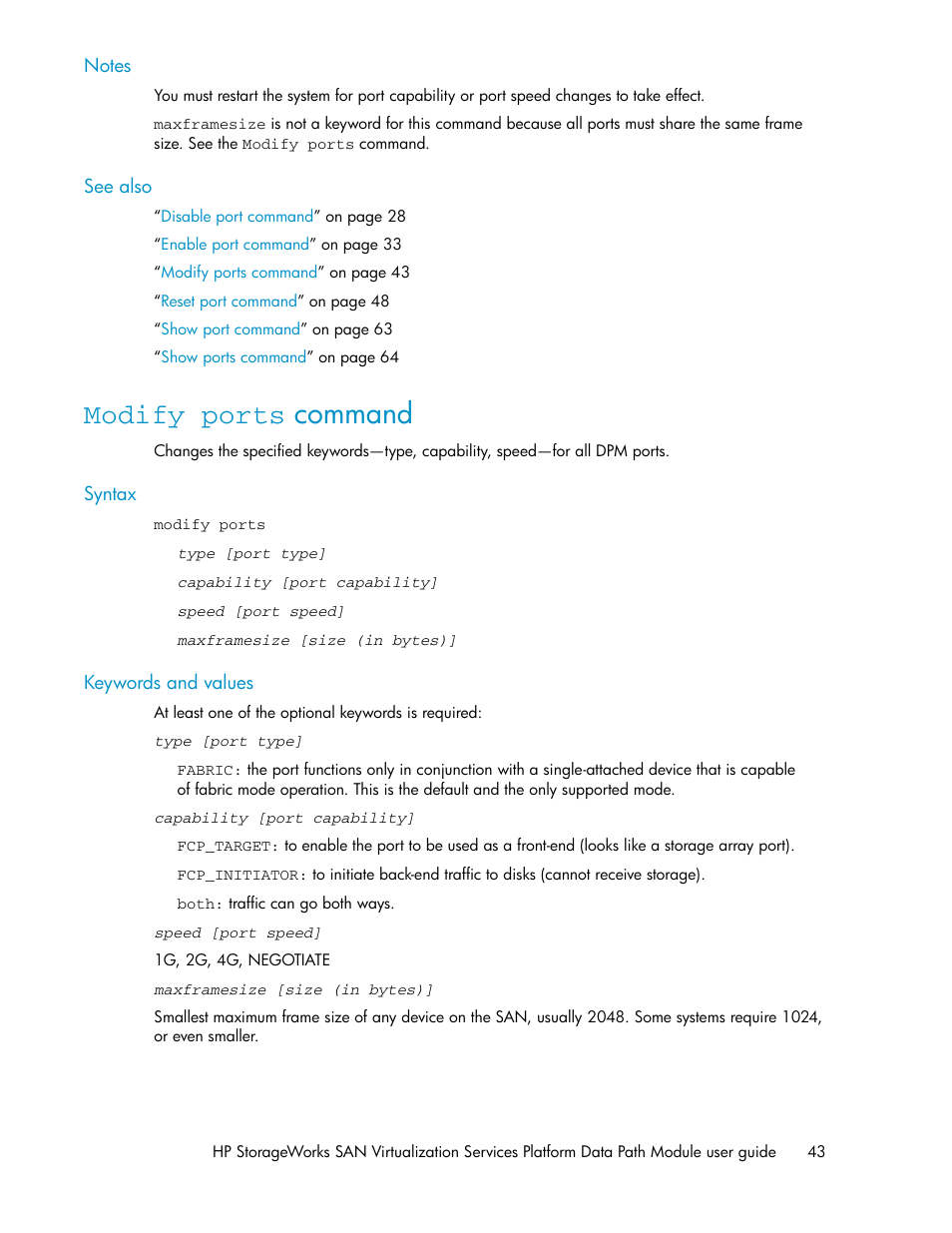 Modify ports command | HP SAN Virtualization Services Platform User Manual | Page 43 / 92