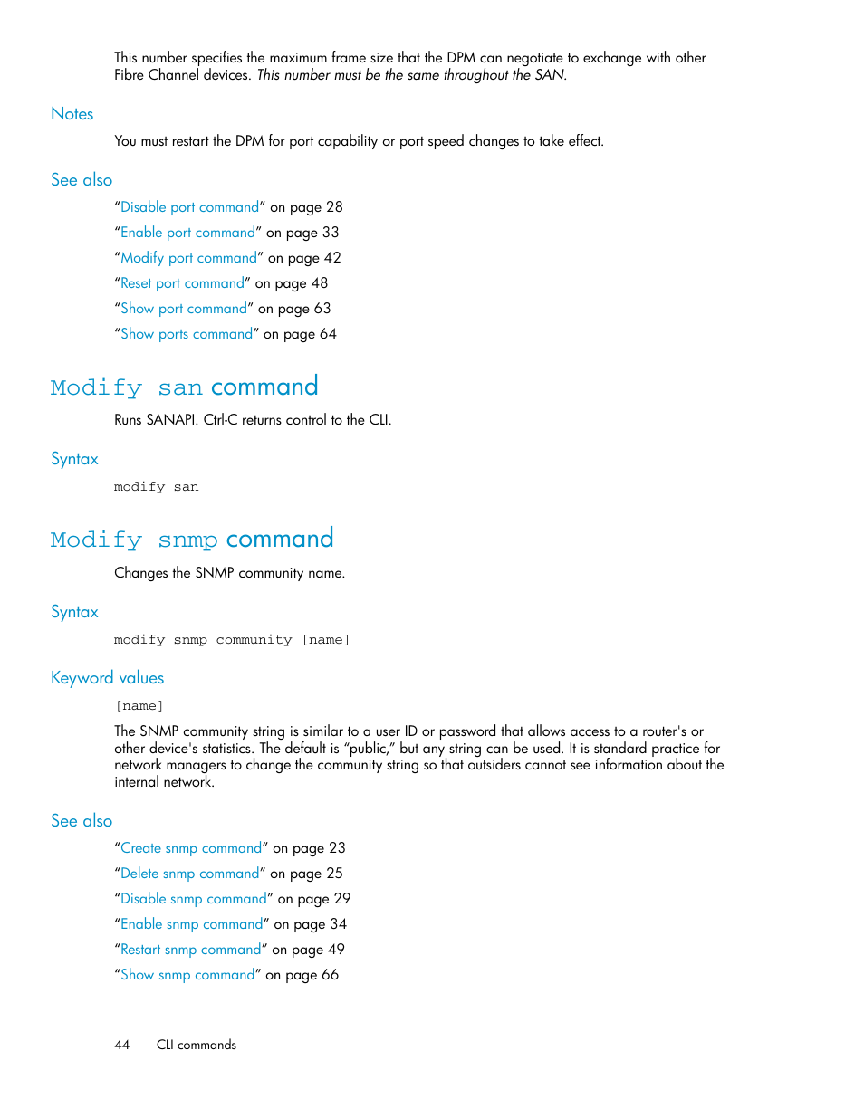 Modify san command, Modify snmp command, 44 modify snmp command | HP SAN Virtualization Services Platform User Manual | Page 44 / 92