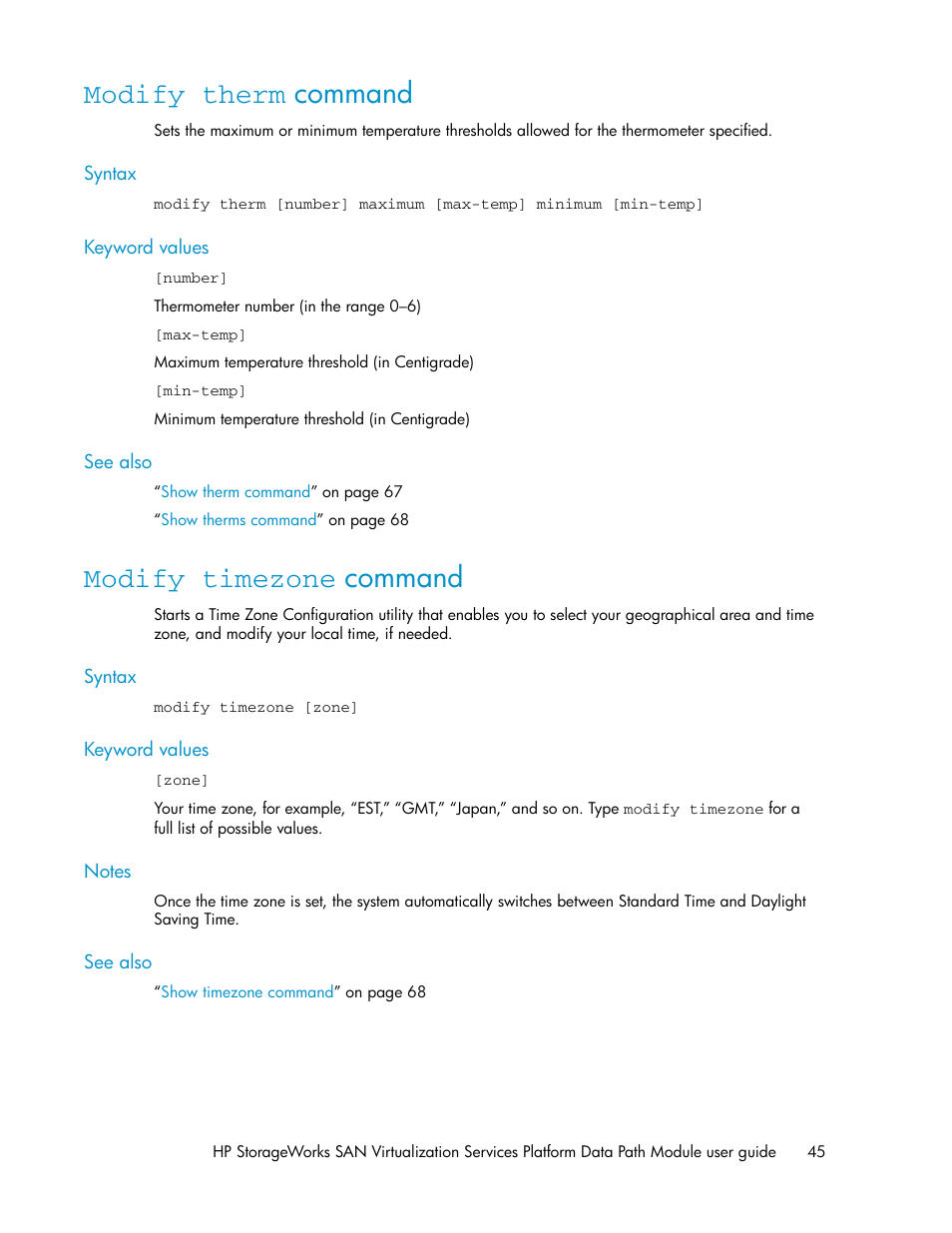 Modify therm command, Modify timezone command, 45 modify timezone command | HP SAN Virtualization Services Platform User Manual | Page 45 / 92