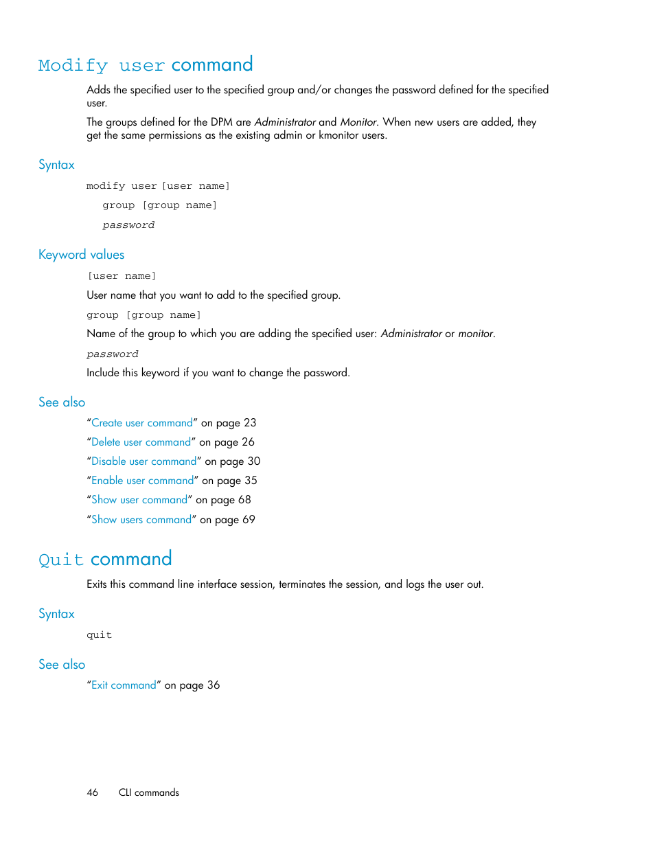 Modify user command, Quit command, 46 quit command | HP SAN Virtualization Services Platform User Manual | Page 46 / 92