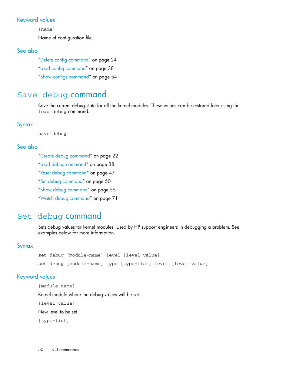 Save debug command, Set debug command, 50 set debug command | HP SAN Virtualization Services Platform User Manual | Page 50 / 92
