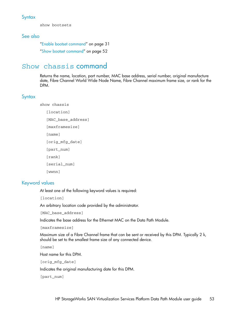 Show chassis command | HP SAN Virtualization Services Platform User Manual | Page 53 / 92
