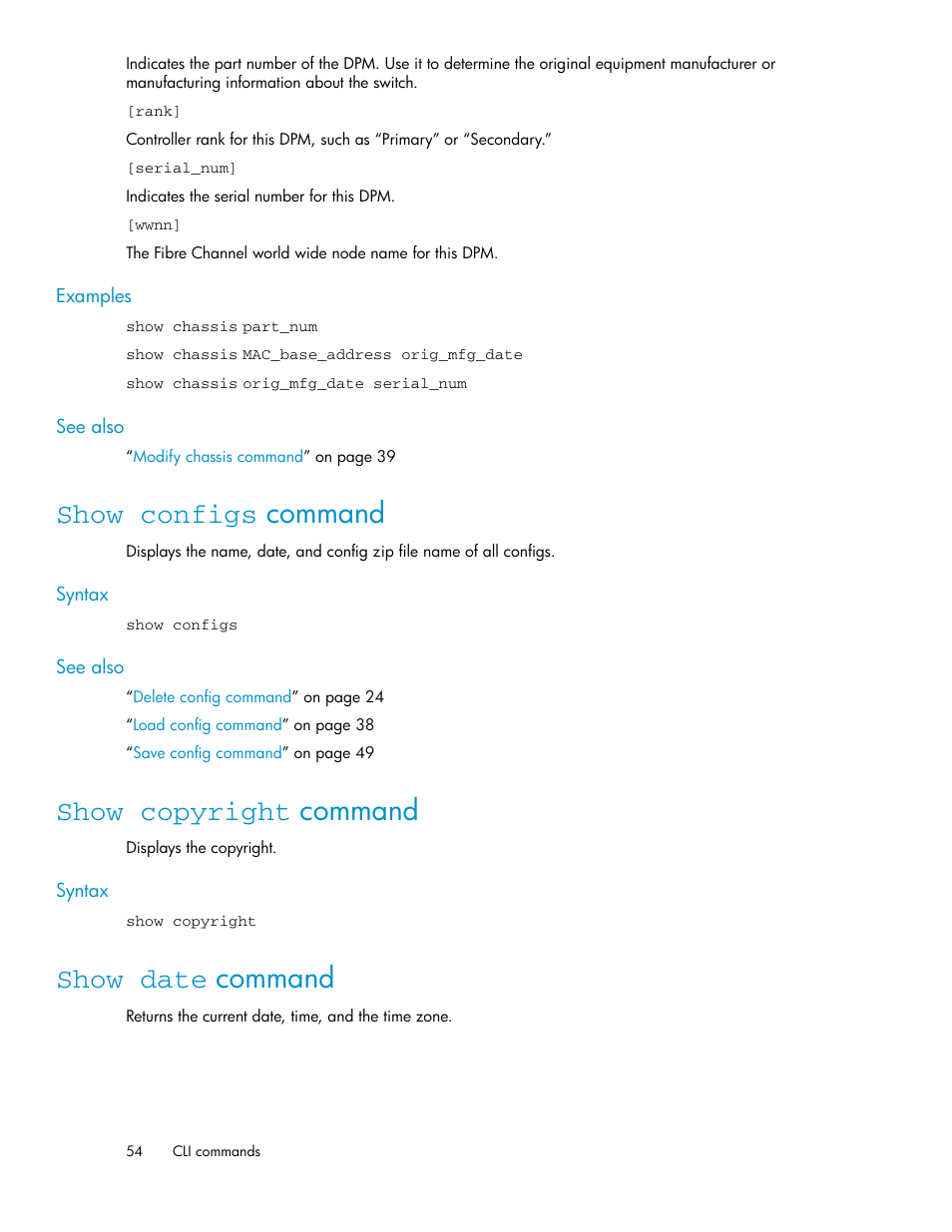 Show configs command, Show copyright command, Show date command | 54 show copyright command, 54 show date command | HP SAN Virtualization Services Platform User Manual | Page 54 / 92
