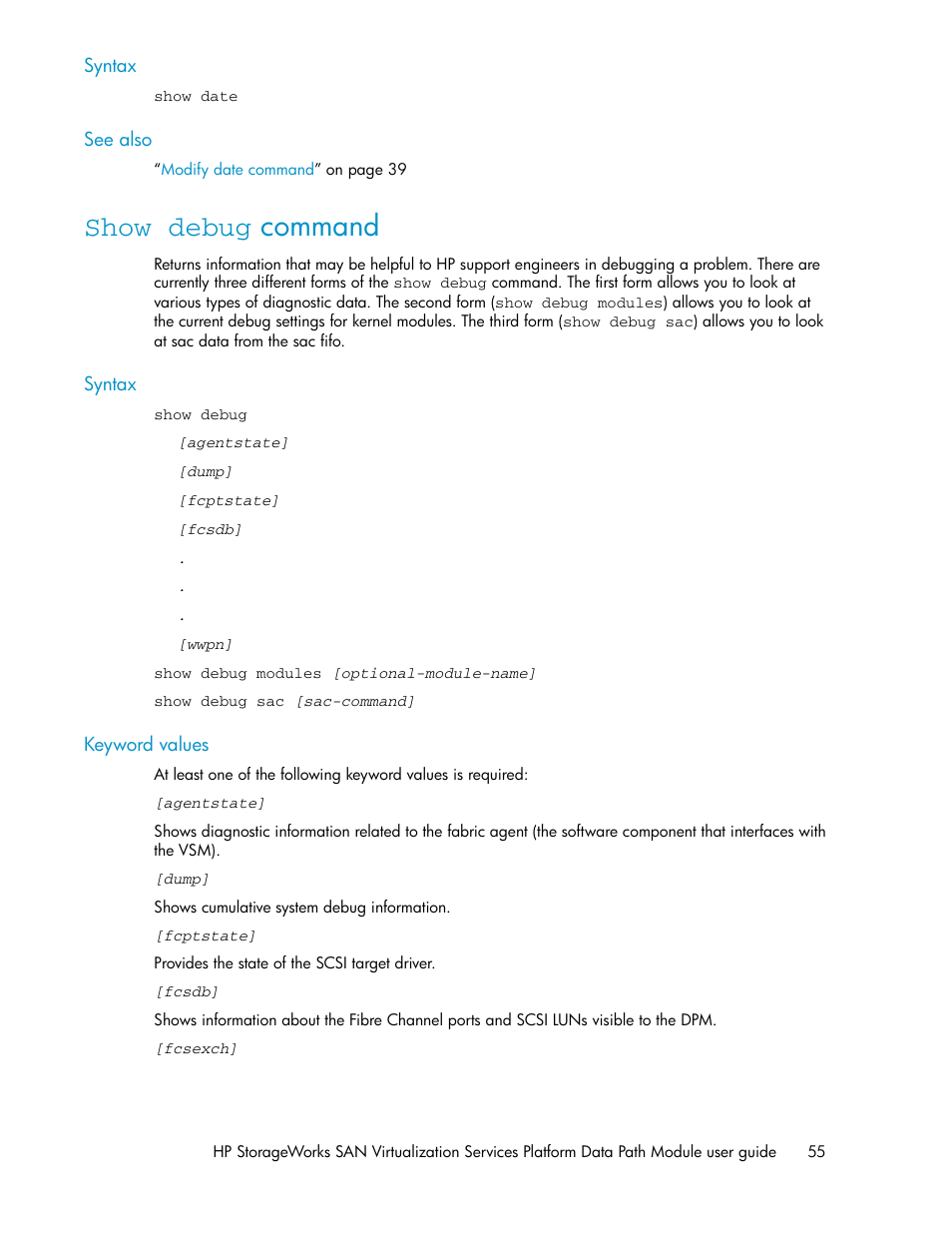 Show debug command | HP SAN Virtualization Services Platform User Manual | Page 55 / 92