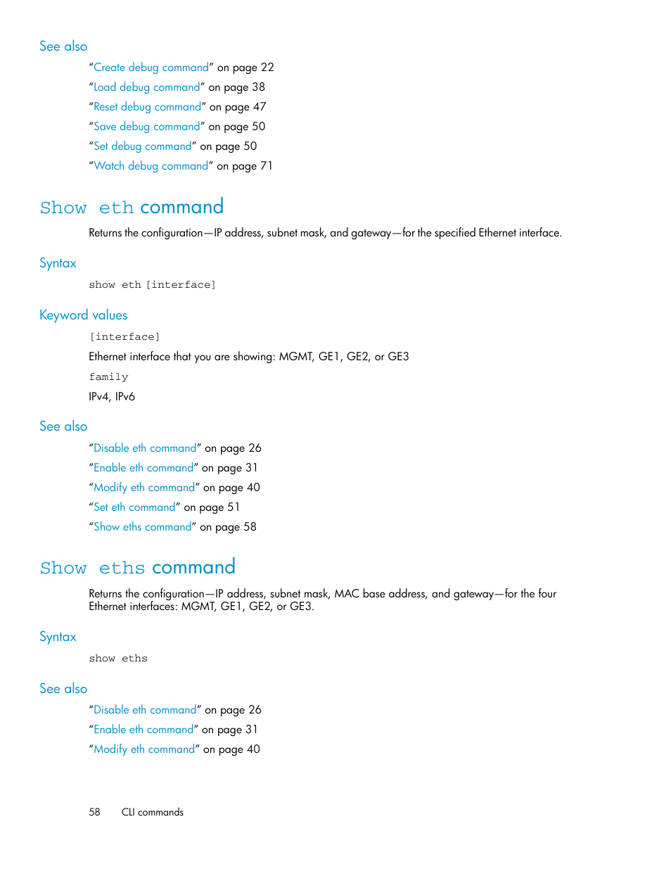 Show eth command, Show eths command, 58 show eths command | HP SAN Virtualization Services Platform User Manual | Page 58 / 92