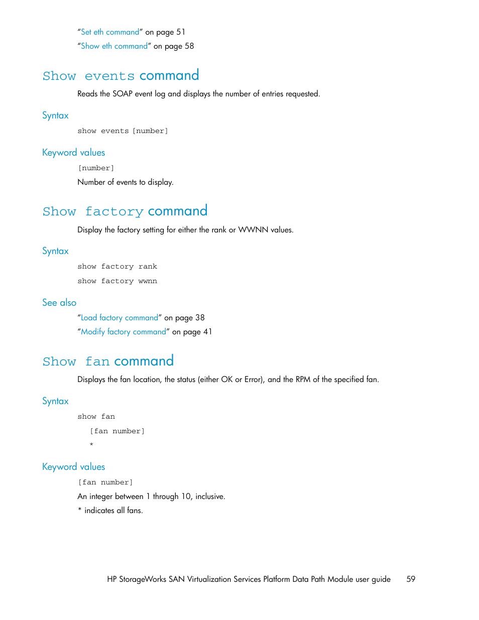 Show events command, Show factory command, Show fan command | 59 show factory command, 59 show fan command | HP SAN Virtualization Services Platform User Manual | Page 59 / 92