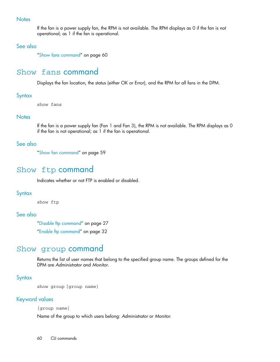 Show fans command, Show ftp command, Show group command | 60 show ftp command, 60 show group command | HP SAN Virtualization Services Platform User Manual | Page 60 / 92