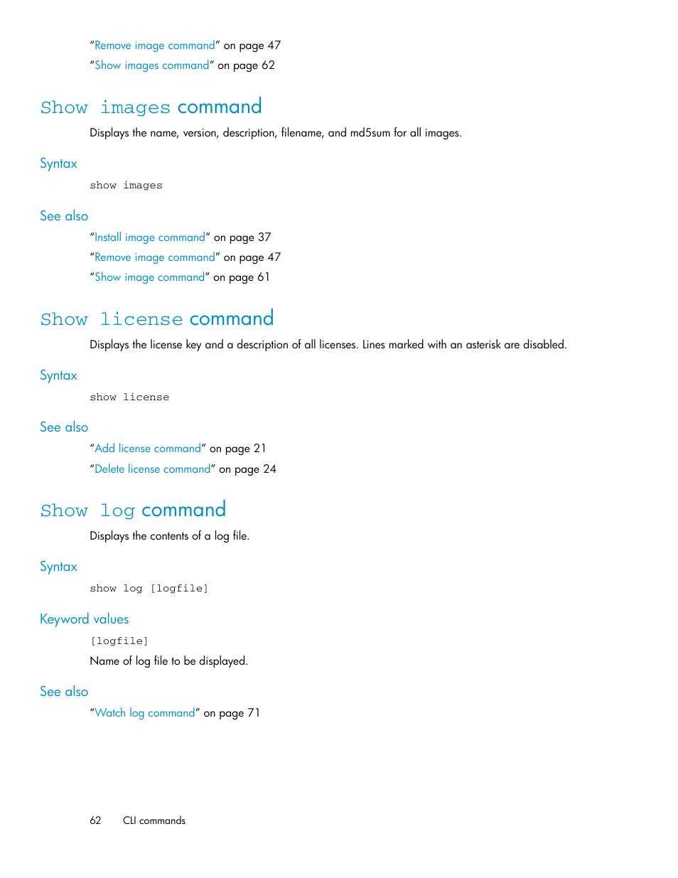Show images command, Show license command, Show log command | 62 show license command, 62 show log command | HP SAN Virtualization Services Platform User Manual | Page 62 / 92