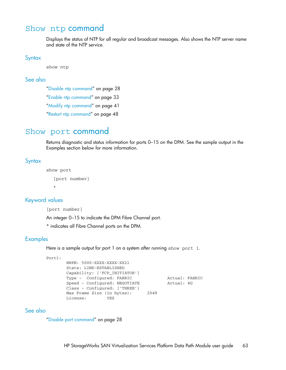 Show ntp command, Show port command, 63 show port command | HP SAN Virtualization Services Platform User Manual | Page 63 / 92