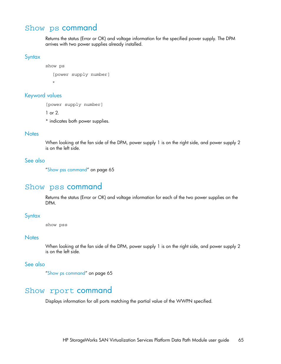 Show ps command, Show pss command, Show rport command | 65 show pss command, 65 show rport command | HP SAN Virtualization Services Platform User Manual | Page 65 / 92