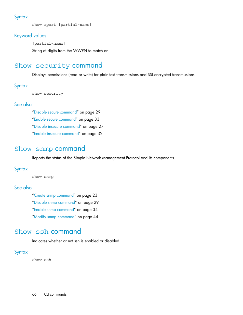 Show security command, Show snmp command, Show ssh command | 66 show snmp command, 66 show ssh command | HP SAN Virtualization Services Platform User Manual | Page 66 / 92